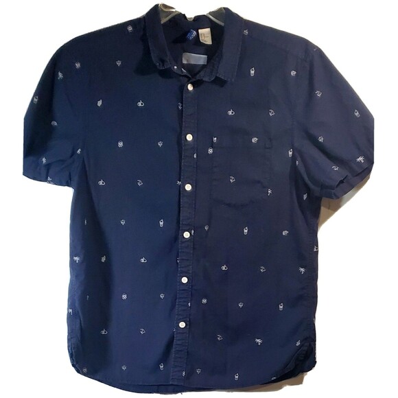 H&M Medium Dark Blue Button Up Shirt Beach  Men's  Streetwear Divided Summer - Picture 2 of 9